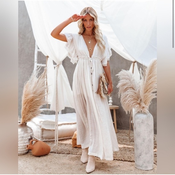 Boho White Gauze Button Flutter Maxi Butterfly Sleeves Dress, Coverup Dress - Picture 1 of 7